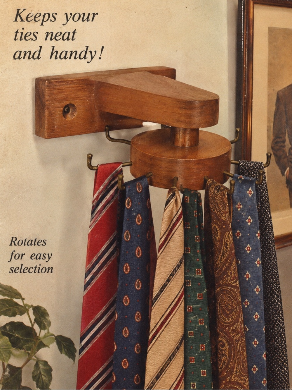Vintage Rotating Wood Necktie Rack Wall Mount Mid Century Tie Holder Menโs Valet